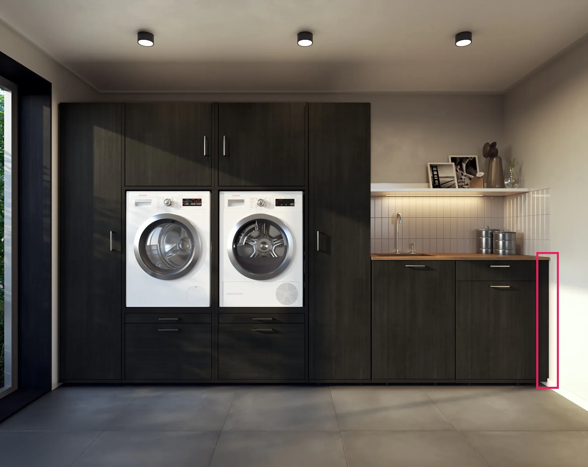Cabinet filler strip example in washer and dryer cupboard wall